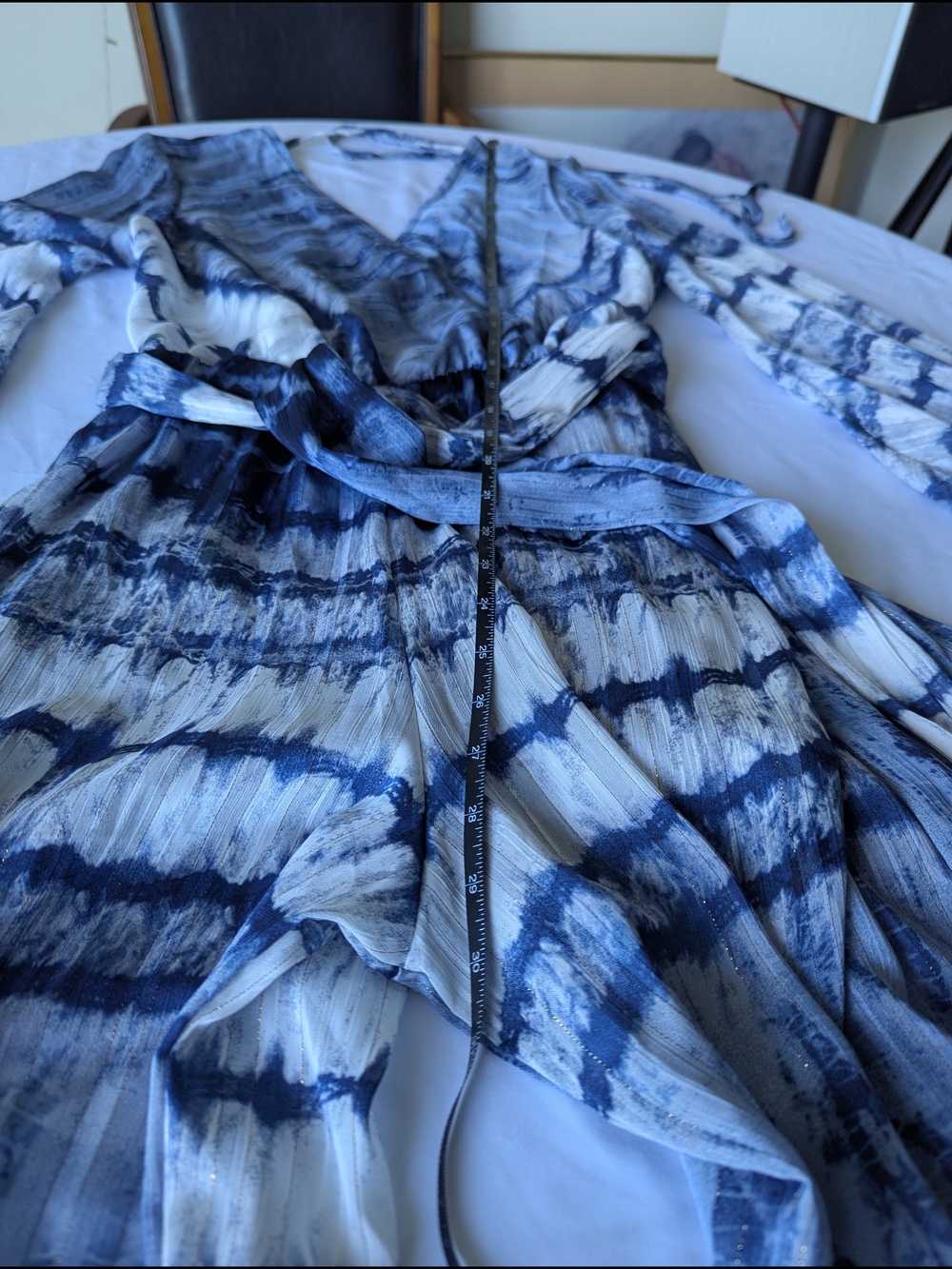Va Va Voom Blue and White Tie-Dye Wide-Leg Jumpsuit Flowy Shimmer - Picture 8 of 10